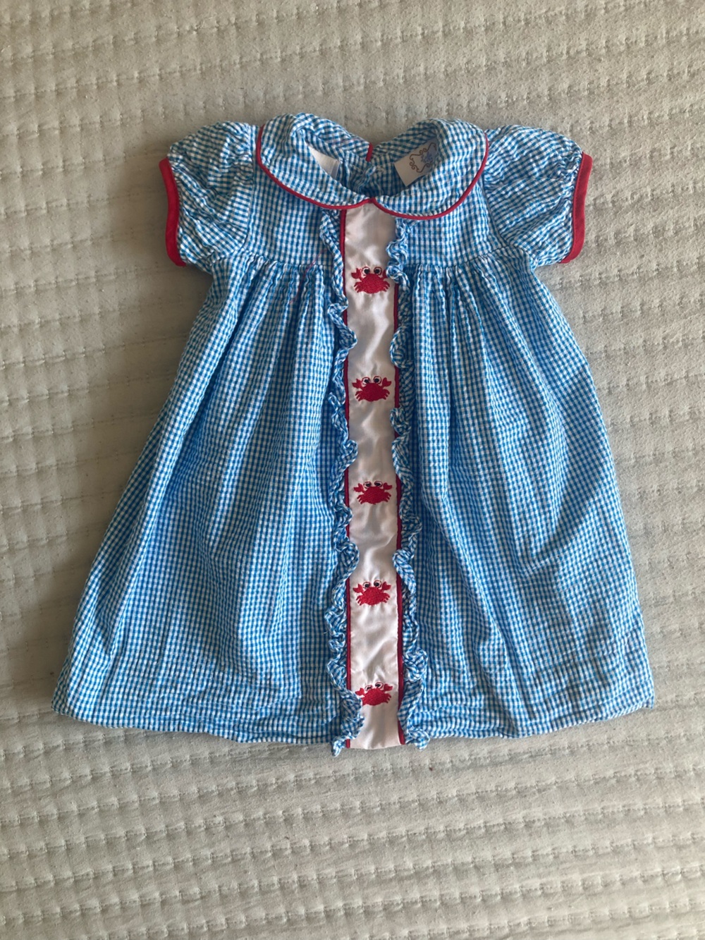 Lulu Bebe Gingham Embroidered Crab Dress, 9m